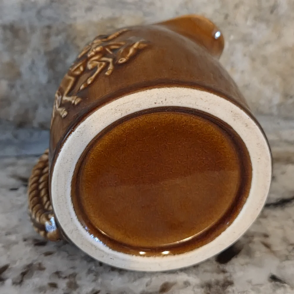 Vtg Souvenir Brown Ceramic Texas State Cowboy Longhorn Small Pitcher Creamer